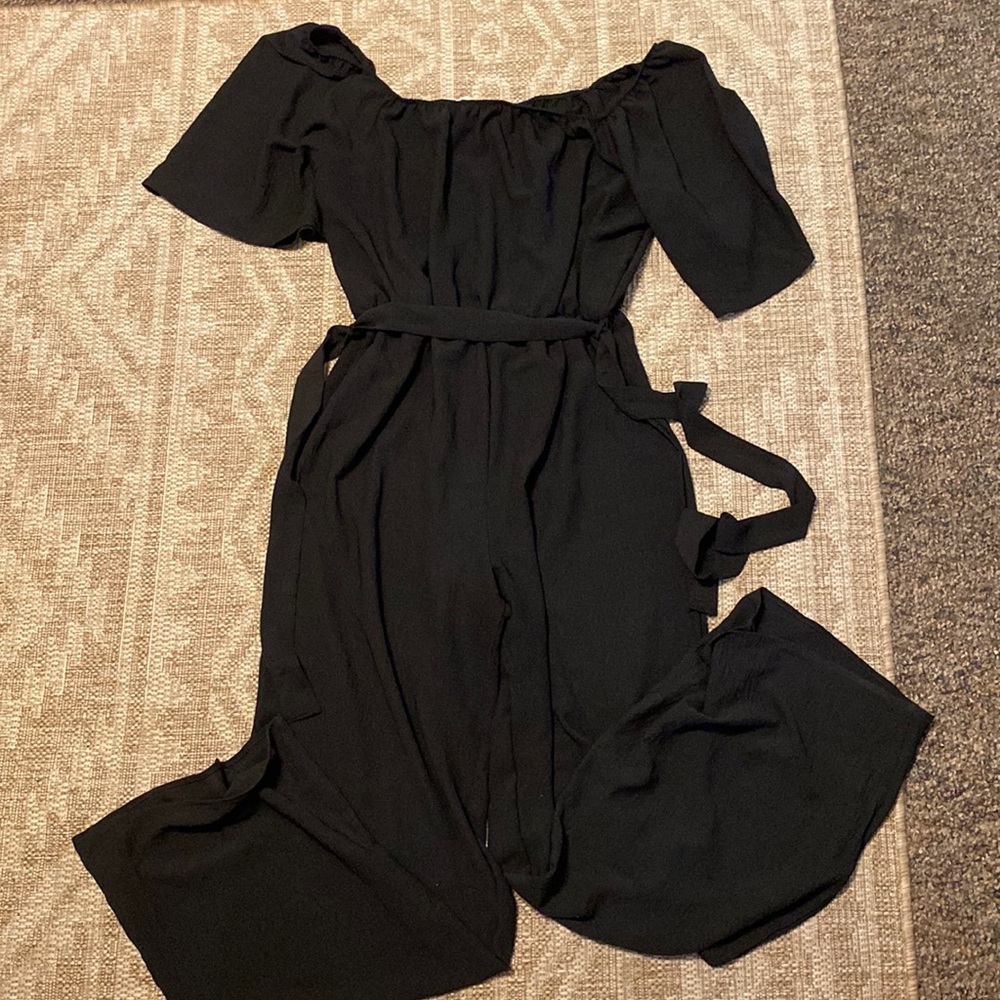 Chic Soul Black Off-Shoulder Wide-Leg Jumpsuit with Waist Tie